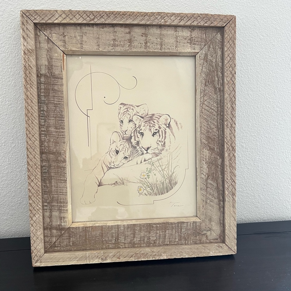 Vintage William Tara Tiger and Cubs Lithograph Print from 1970 Rustic Wood Frame